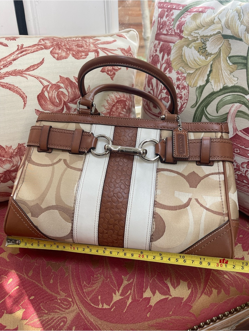 Coach Hamptons Tan & Cream Signature Stripe Satchel